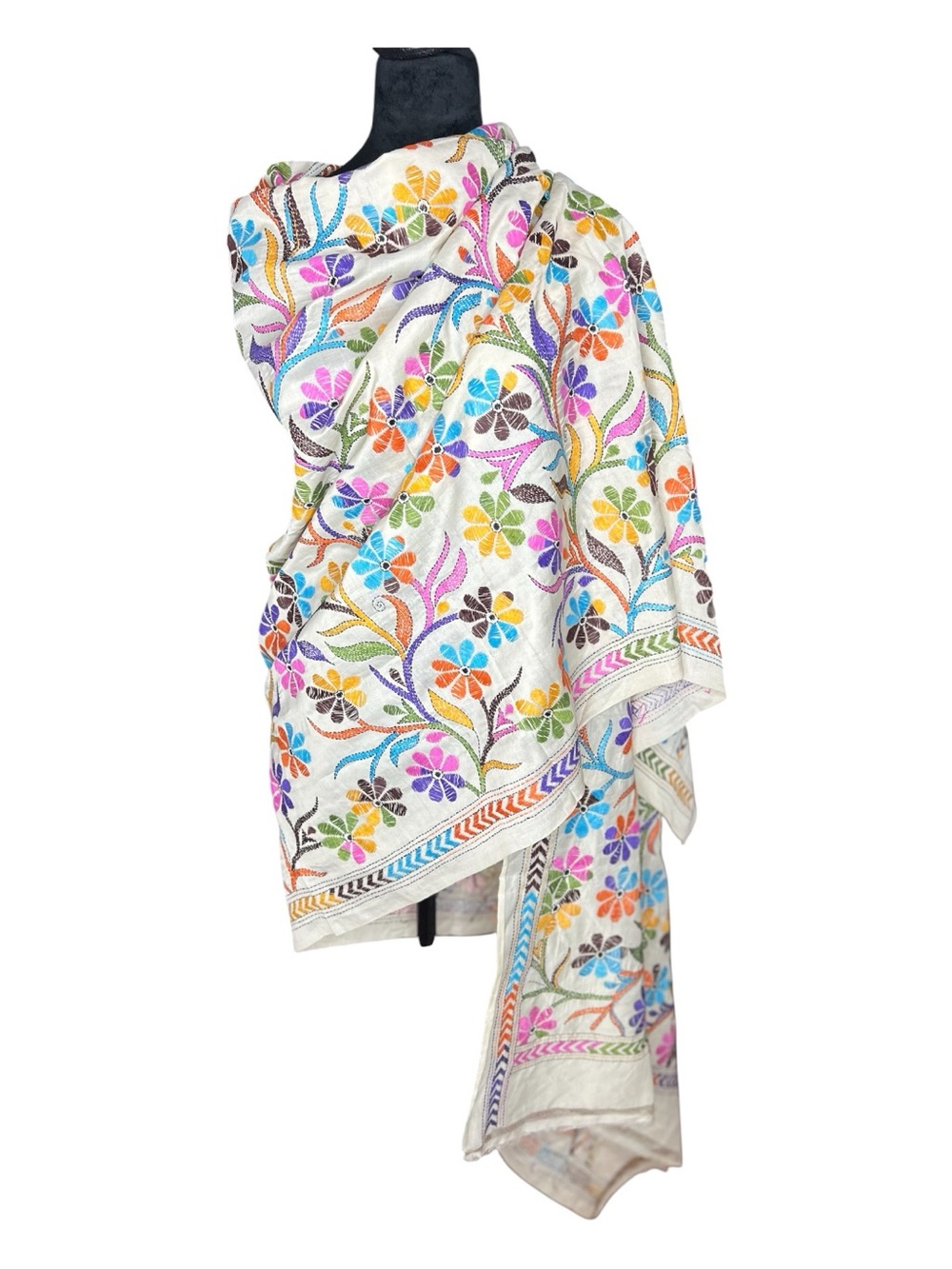 SOPURA SILK MILLS 100% Silk Hand Embroidered Floral Dupatta/Shawl 96”x36”